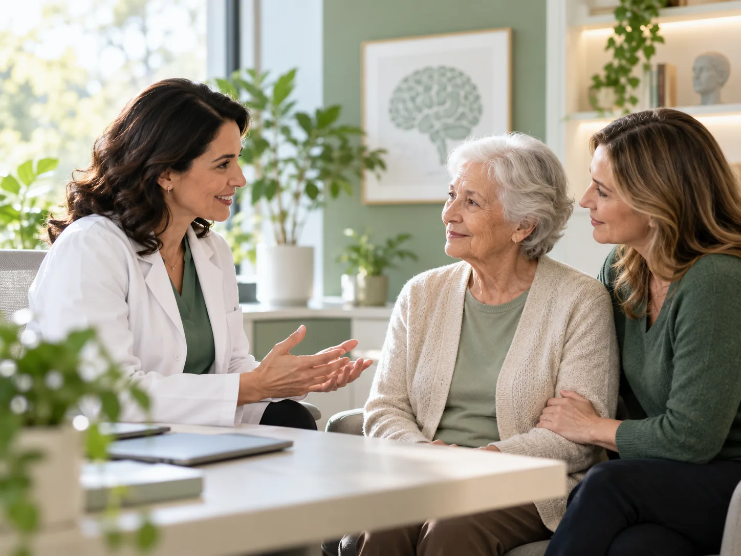 Illustrative image of a clinician discussing memory concerns with a patient and family member
