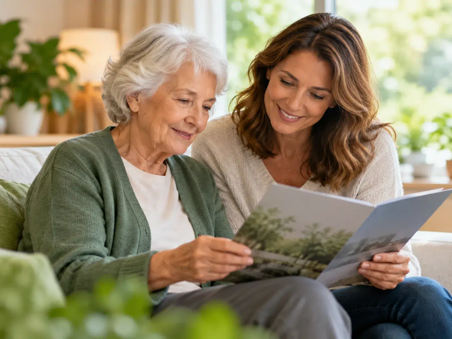 Illustrative image of an older adult reviewing information with a supportive family member